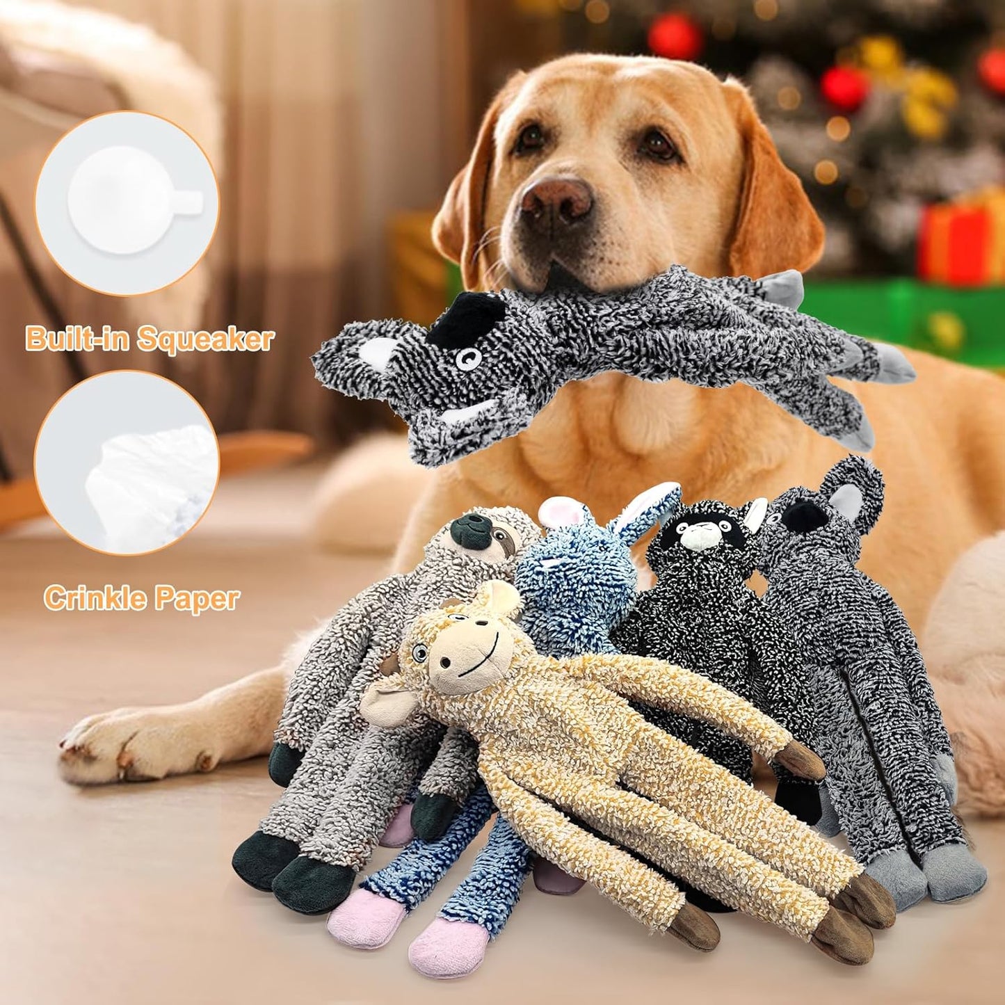 BUYPOW No Stuffing Dog Toys for Large Dogs, 5 Pack Squeaky Crinkle Interactive Dog Animals, Plush Teething Toys to Keep Them Busy, Cute Funny Dogs Gifts for Small Medium Large Breed
