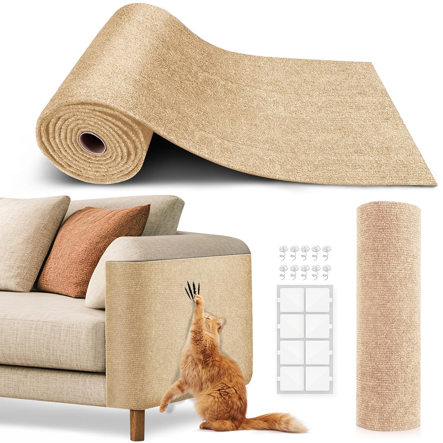 Cat Scratch Furniture Protector, Trimmable Self-Adhesive Carpet, DIY Climb Cat Scratcher Mat for Covering Cat Tower and Couch Protector from Cat Claws（Beige）