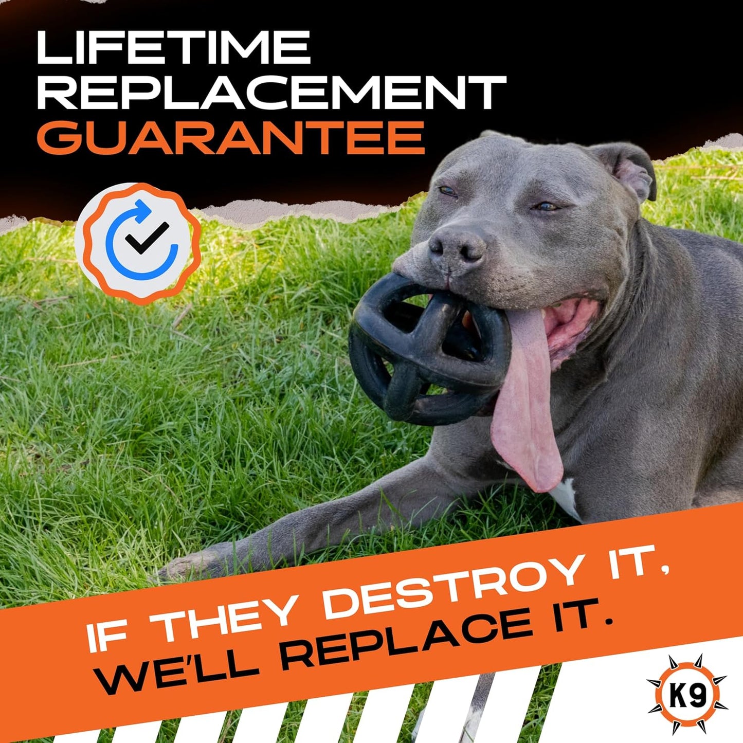 Monster K9 Indestructible Dog Ball – Lifetime Replacemnet - Durable Dog Toy for Aggressive Chewers - Safe, Non-Toxic Natural Rubber - Chew, Tug & Fetch - Tough, Heavy Duty - 5.5” (2X Tennis Ball Size)