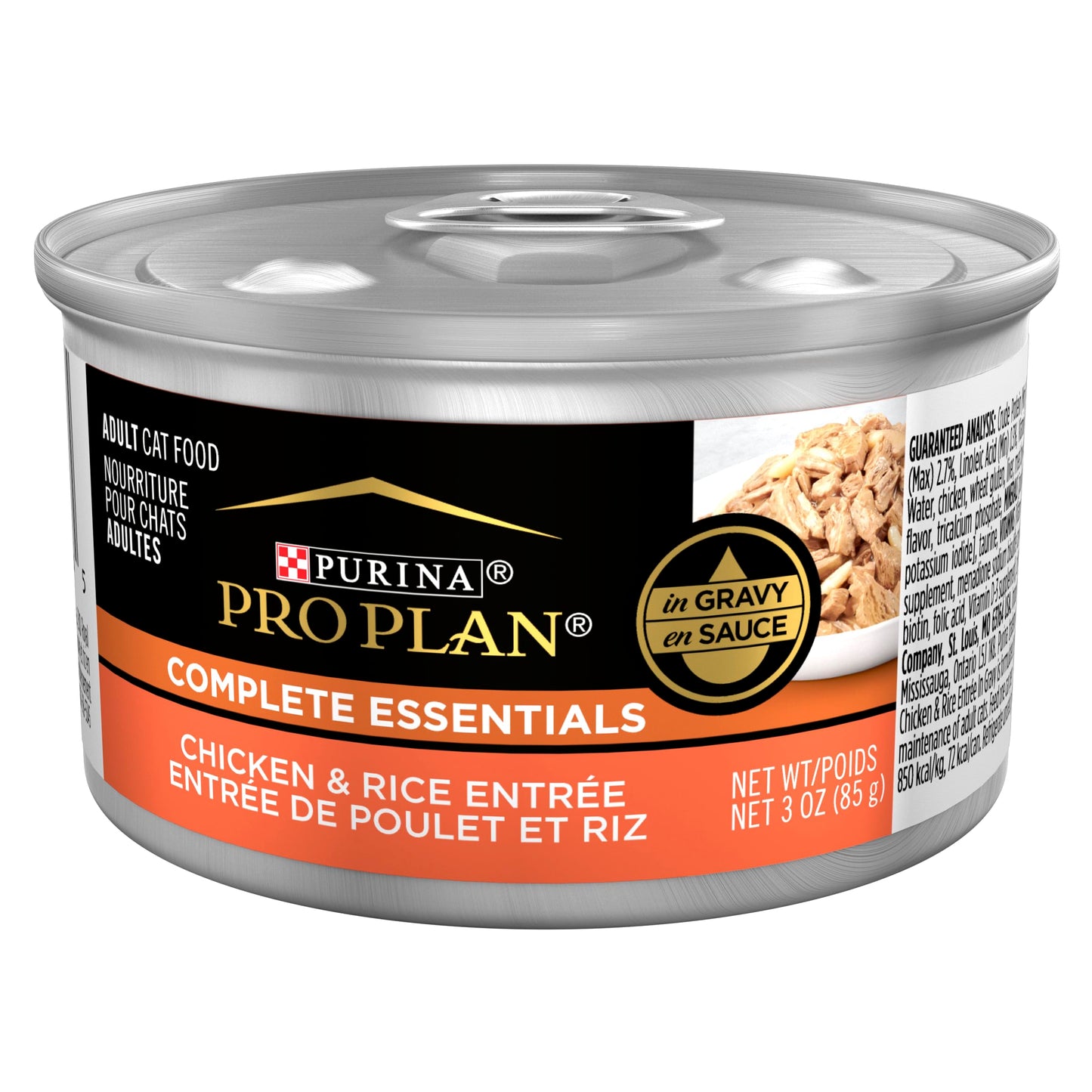 Purina Pro Plan High Protein Cat Food Complete Essentials Wet Gravy, Chicken and Rice Entree - (Pack of 24) 3 oz. Pull-Top Cans