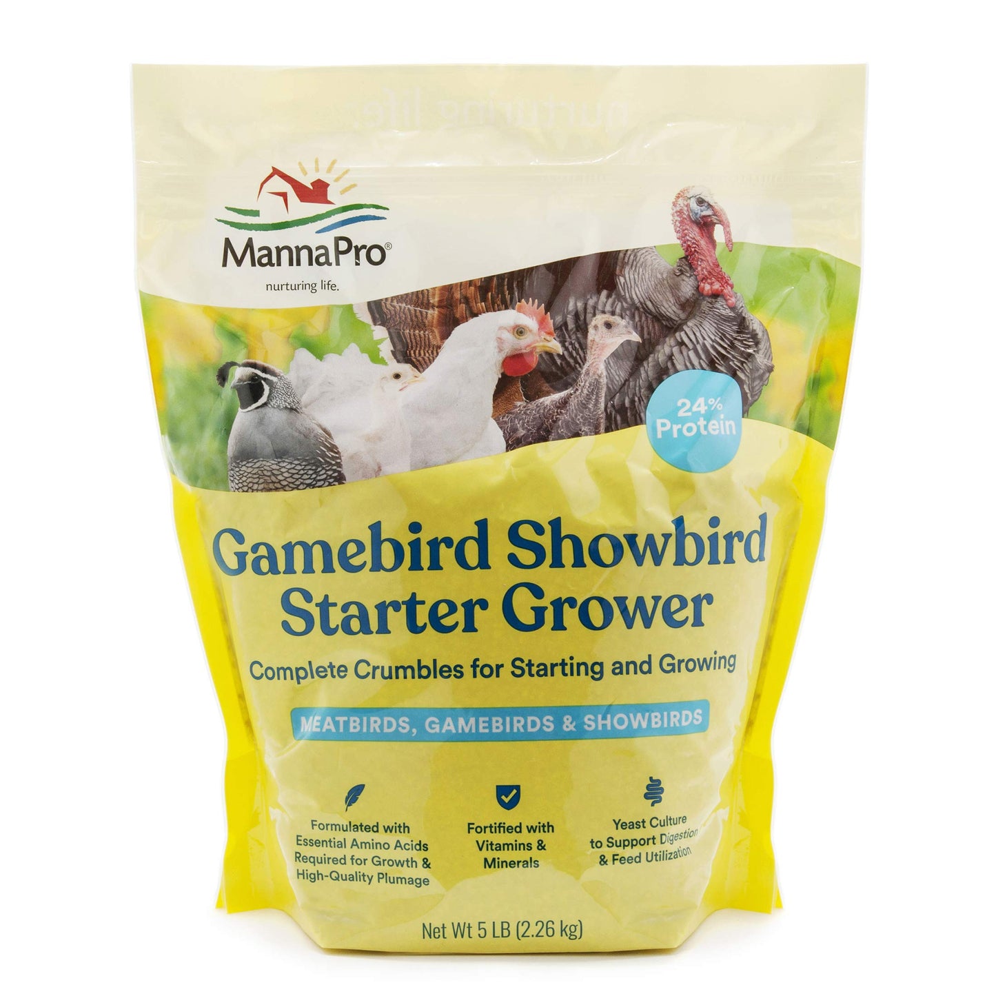 Manna Pro Gamebird & Showbird Crumbles – Premium Poultry Feed for Chickens, Ducks, Gamebirds, Turkeys & Bantams – Fortified with Vitamins & Minerals – Healthy Complete Diet – 5 lb Bag