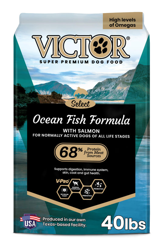 VICTOR Super Premium Dog Food – Select Ocean Fish Formula with Salmon – Omega-3 and Omega-6 Enriched Gluten-Free Dry Kibble for All Normally Active Dogs of All Life Stages, 40lbs