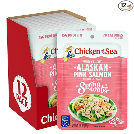 Chicken of the Sea Alaskan Pink Salmon in Spring Water, 2.5 Ounce Packets (Box of 12), Wild Caught, Skinless & Boneless