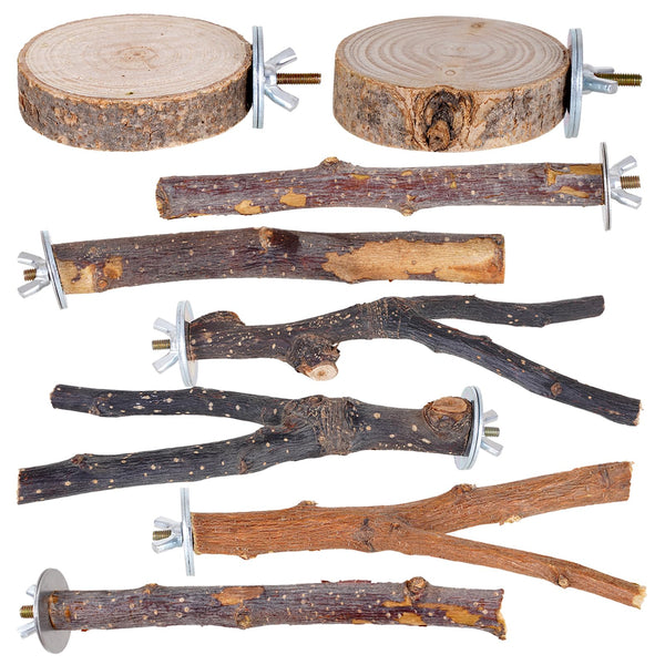 Libiline 8 Pieces Bird Perch Natural Wooden Parrot Perch Stand Fork Toys Hanging Multi-Branch Perches Platform Hammock Swing Toy for Macaws, Small Parakeets, Conures, Budgies, Finches (A-Color, Mix)