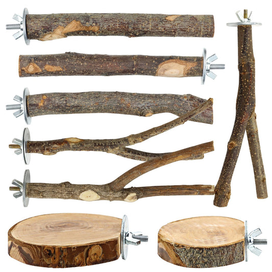 8 PCS Bird Perch Set for Cage - Natural Apple Wood Platforms & Hardwood Branches for Parakeets, Budgies, Cockatiels - Small Bird Habitat Gym, Climbing Stand & Safe Chew Toys