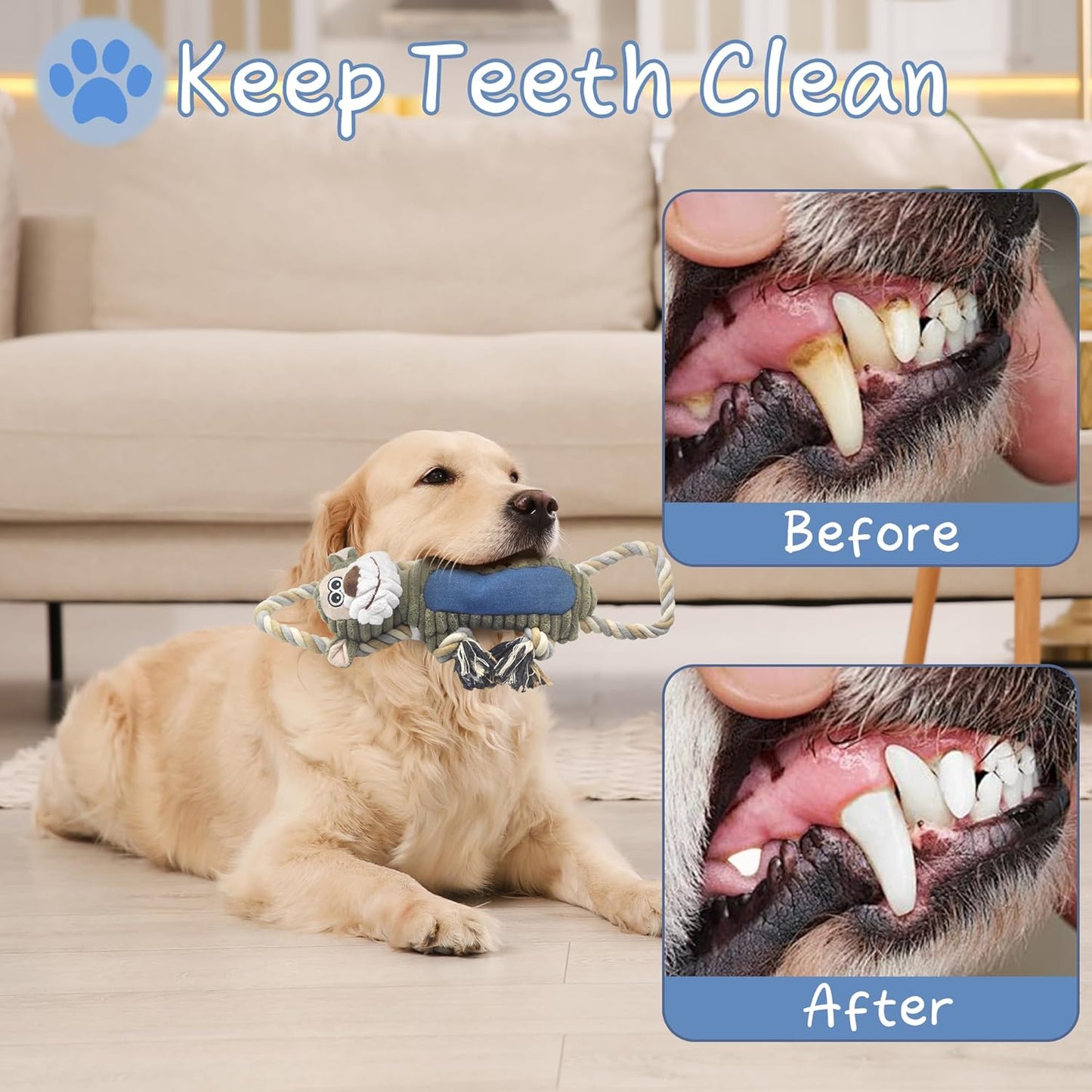 BUYPOW Funny Plush Dog Chew Toys, Squeaky Dog Toys, Interactive Tug of War Puppy Toys, Stuffed Dog Toys for Small, Medium and Large Dogs - Monkey