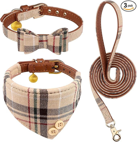 3 PCS Dog Collars for Small Puppy Collar and Leash Set, Bow Tie with Bell, Bandana Leather for Small Dogs Puppies and Cats(Beige)