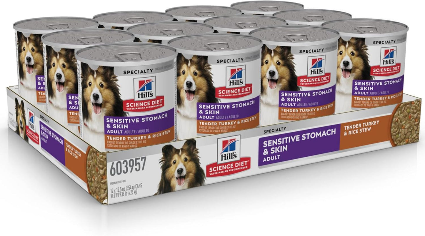 Hill's Science Diet Adult 1-6 Sensitive Stomach & Sensitive Skin Wet Dog Food, Tender Turkey & Rice Stew in Gravy, 12.5 oz. Cans, 12-Pack