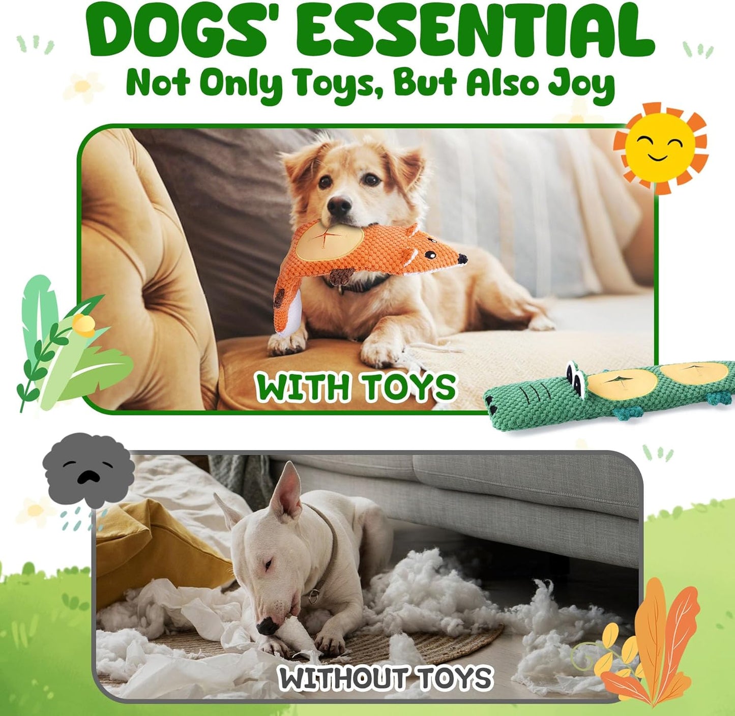 XIUGOAL Interactive Dog Toys for Chewers, 2 Pack No Stuffing Dog Toys for Boredom and Teething, Squeaky Chew Toy for Small, Medium Breed to Keep Them Busy