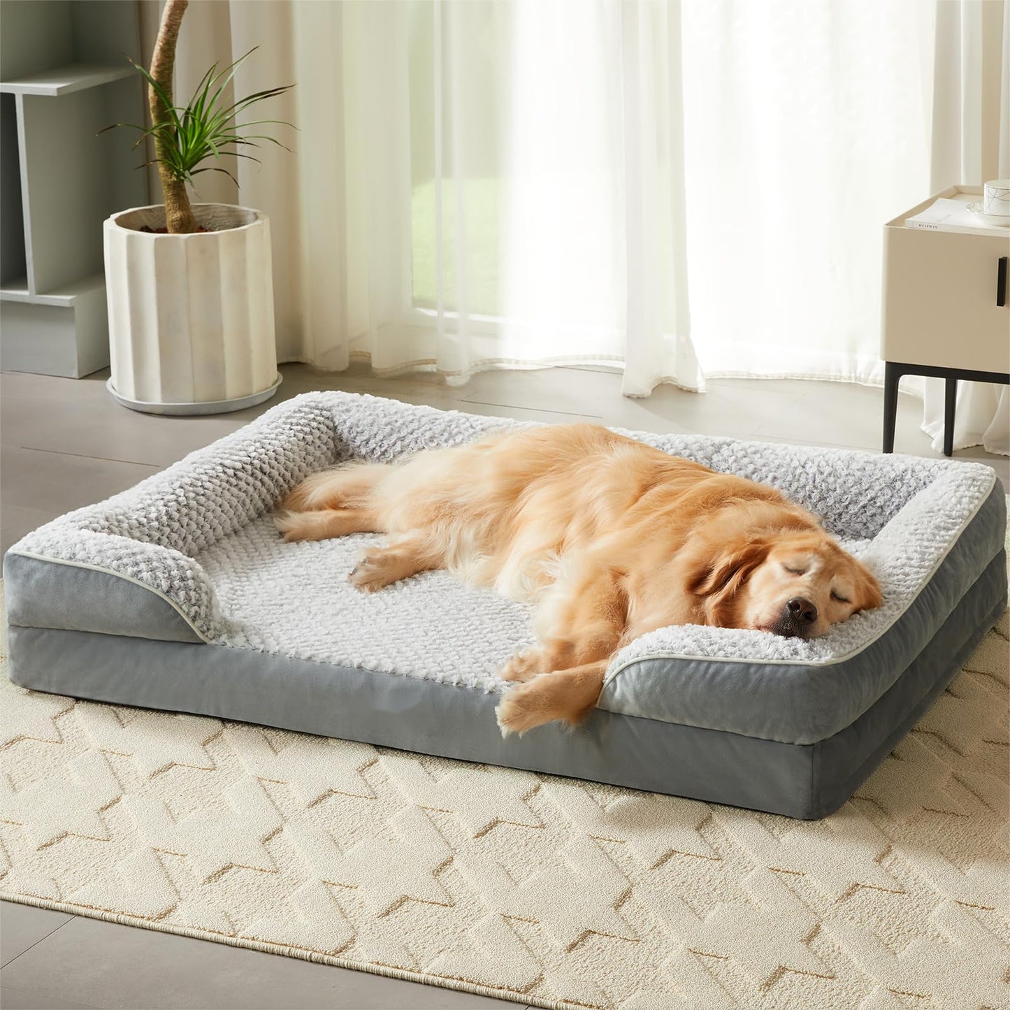Orthopedic Dog Beds for Large Dogs,Waterproof Dog Bed, Egg Crate Foam Bed for Large Dogs, Big Pet Bed with Washable Removable Waterproof Pillow Cover and Anti-Slip Bottom, Grey