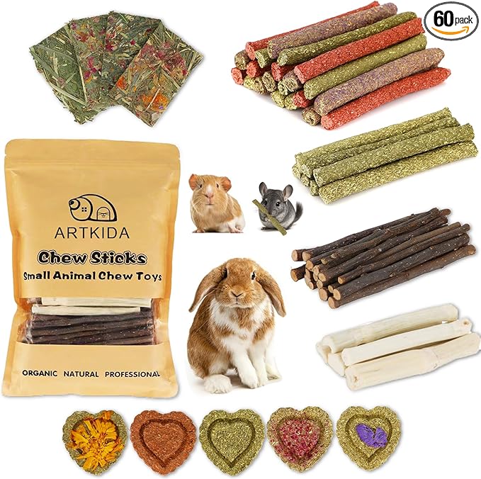 70PCS Rabbit Bunny Guinea Pig Chew Toys Treats, Chinchilla Hamster Chews Toys for Teeth, Timothy Hay Chips Treats Sticks for Rabbit Guinea Pig Chinchilla Hamster Rat