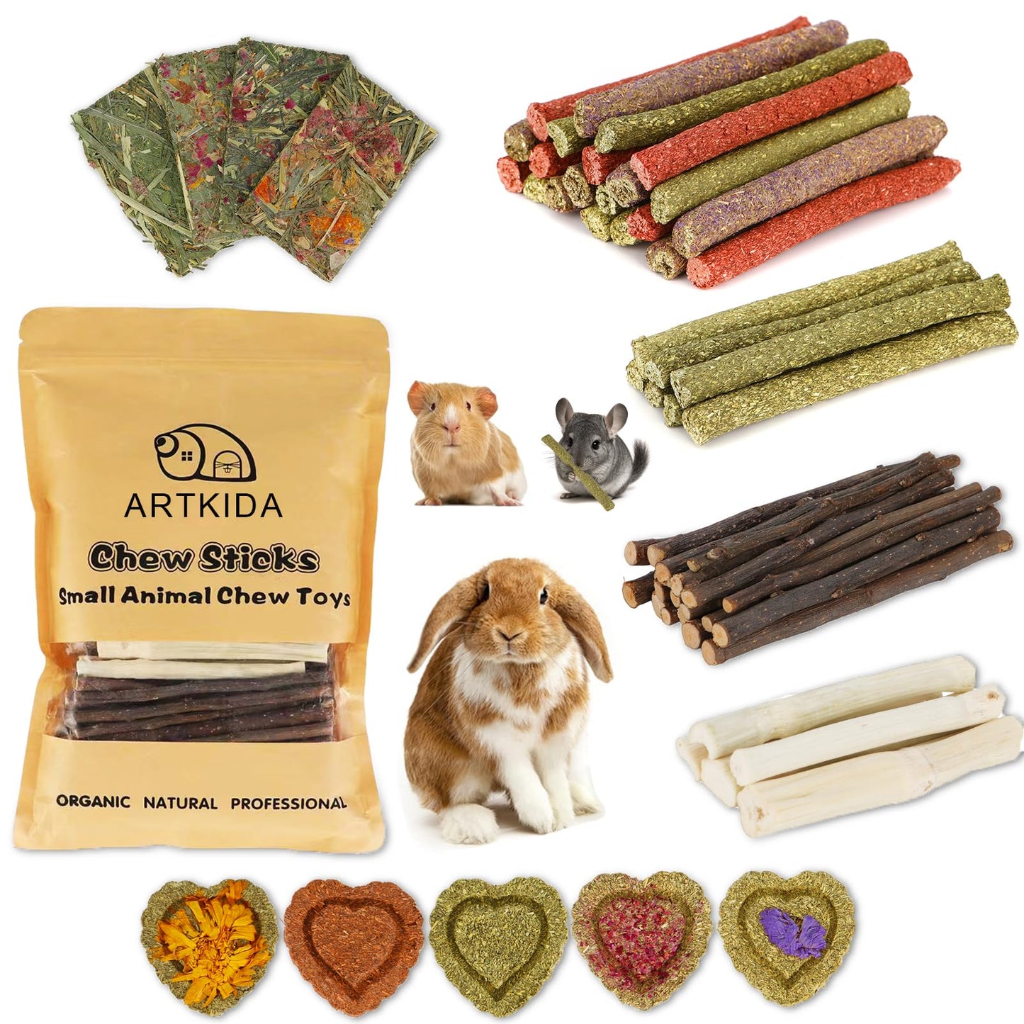 65PCS Rabbit Bunny Guinea Pig Chew Toys Treats, Chinchilla Hamster Chews Toys for Teeth, Timothy Hay Chips Treats Sticks for Rabbit Guinea Pig Chinchilla Hamster Rat