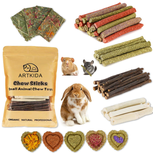 65PCS Rabbit Bunny Guinea Pig Chew Toys Treats, Chinchilla Hamster Chews Toys for Teeth, Timothy Hay Chips Treats Sticks for Rabbit Guinea Pig Chinchilla Hamster Rat