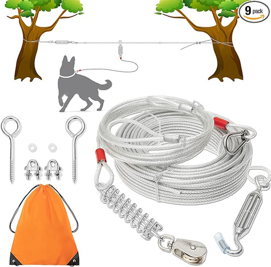 Dog Tie Out Cable - 100 ft Long Dog Cable with 10 ft Run Cable for Yard Training Running Camping Hiking Outdoor - Heavy Duty Chew Proof Lead Leash