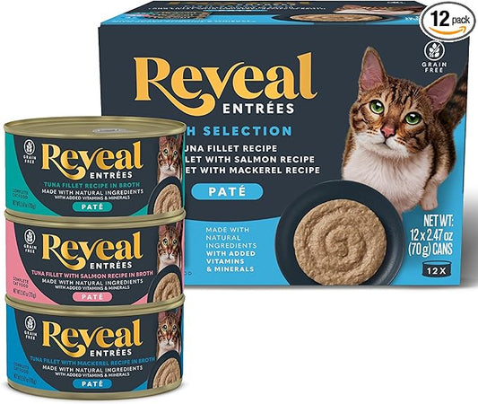 Reveal Entrées Natural Wet Cat Food Paté, Grain-Free with Added Vitamins & Minerals, Carrageenan-Free and High Protein, Fish Variety Selection Paté (12 x 2.47 oz Cans)