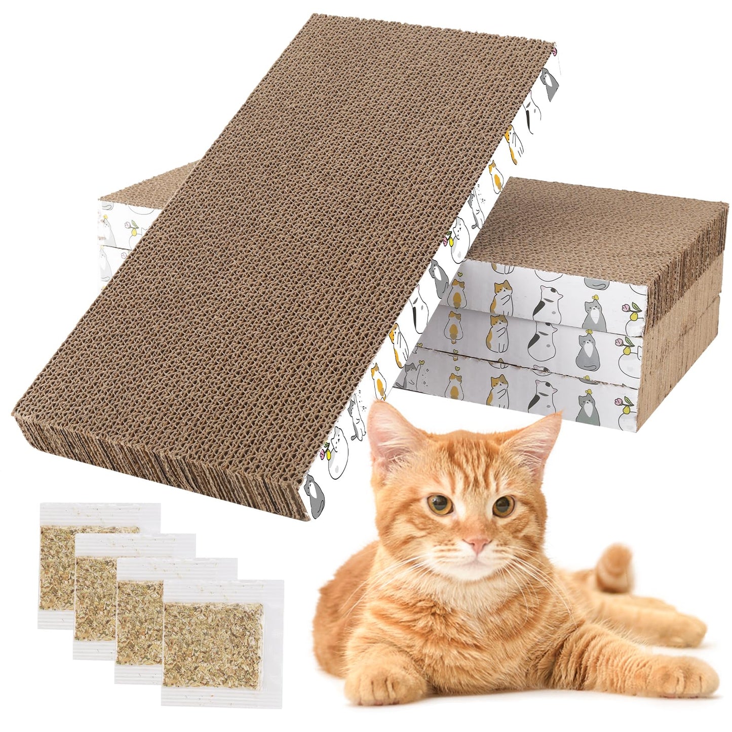 PatiencET Cat Scratching Board 4 Pack, Cardboard Cat Scratcher with Catnips, Flat Double-Sided Cat Scratch Pad for Indoor Small Medium Cats Kittens