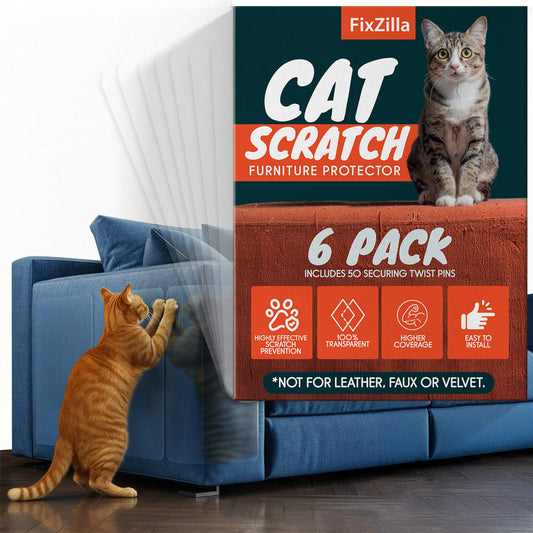 FixZilla Anti Cat Scratch Furniture Protector, 6-Pack Couch Protector from Cat Claws – Heavy-Duty, Easy-to-Apply Scratching Deterrent and Shield for Sofa Corners, Walls, and Doors- with 52 Twist Pins