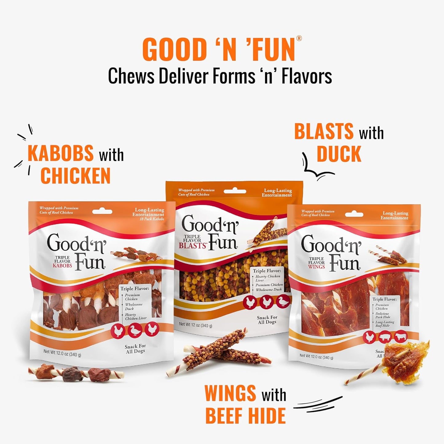 Good ‘n’ Fun Triple Flavor Ribs Chews for All Dogs, 12 Ounces, Treat Your Dog to Long-Lasting Chews Made with Beef Hide, Chicken and Pork Hide