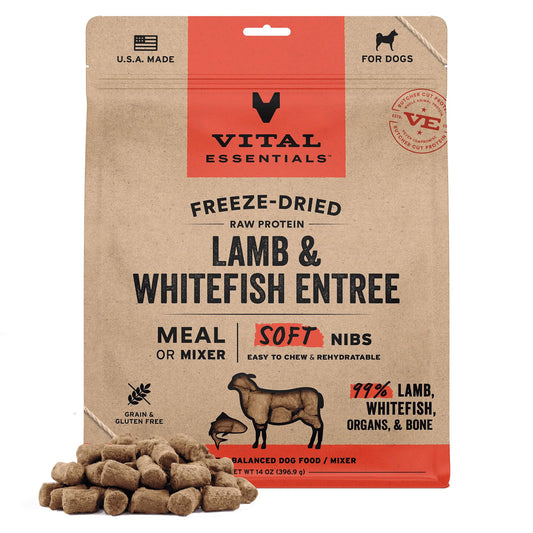Vital Essentials Freeze Dried Dog Food, Raw Lamb & Whitefish Soft Nibs | Complete Meal or Topper | 99% Lamb, Whitefish, Organs & Bone | High Protein, Grain Free Dry Dog Food | 14 oz Bag