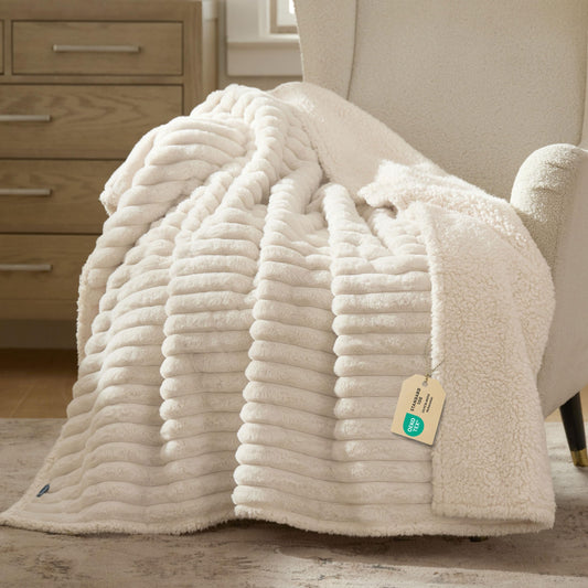 Bedsure ComfyFleece Waterproof Dog Blankets for Large Dogs - Soft Pet Cat Blanket Corduroy Fleece for Couch Bed Protector Washable, Cozy Calming Reversible Furniture Protection,50"x60", Cream