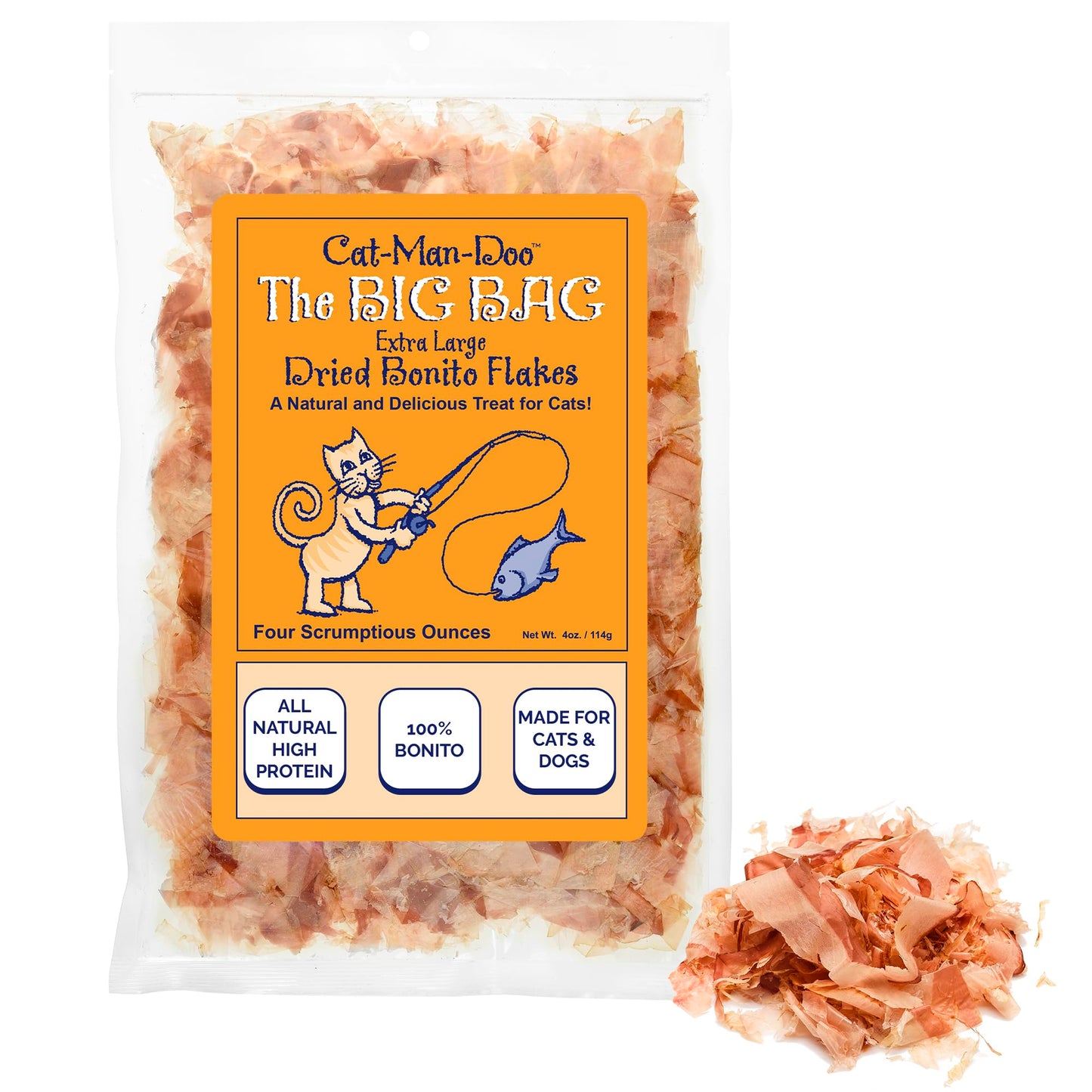 Cat-Man-Doo | Bonito - 4oz. Big Bag | Bonito Fish Flakes for Cat & Dog Treats | Healthy, Single Ingredient, Treat or Food Topper, High Protein