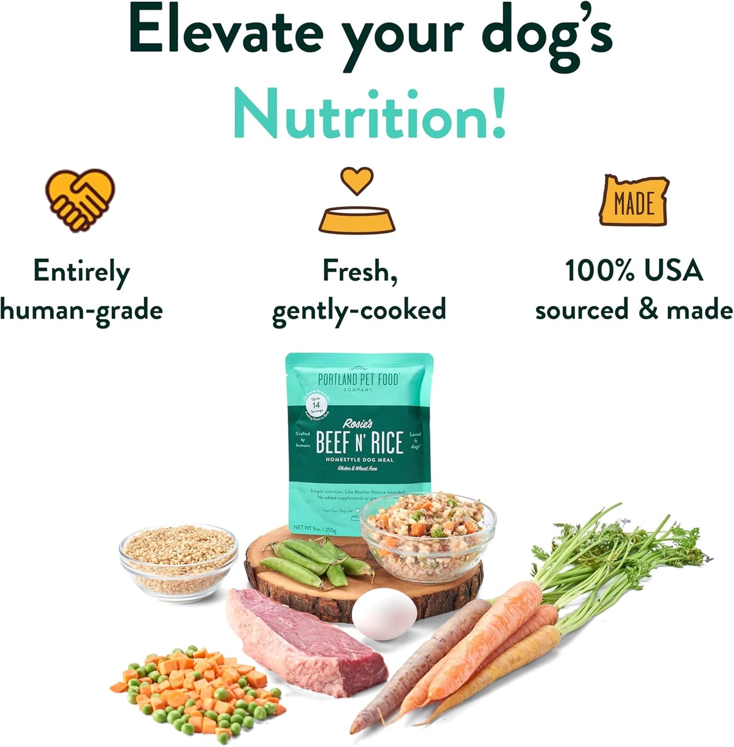 Portland Pet Food Company Fresh Dog Food Pouches - Human-Grade Toppers Wet Pet Meal & Mixers - Small & Large Breed Puppy & Senior Dogs - Gluten-Free, Limited Ingredient Rosie’s Beef N' Rice - 8 Pack