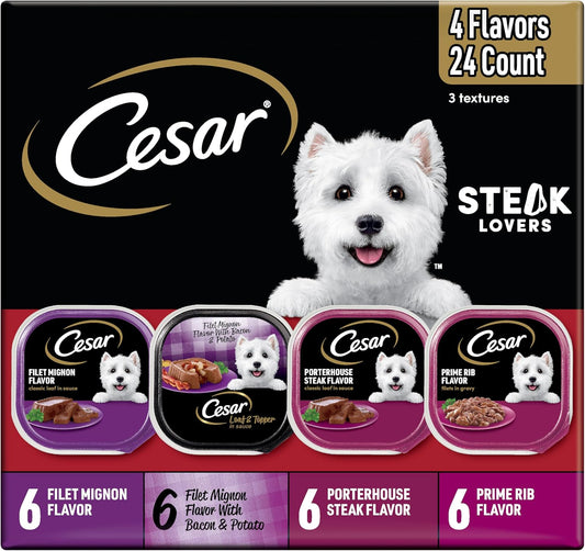 Cesar Wet Dog Food Steak Lovers Variety Pack, Adult, Wet Food for Dogs with Real Meat, 3.5 oz Easy Peel Trays, 24 Count