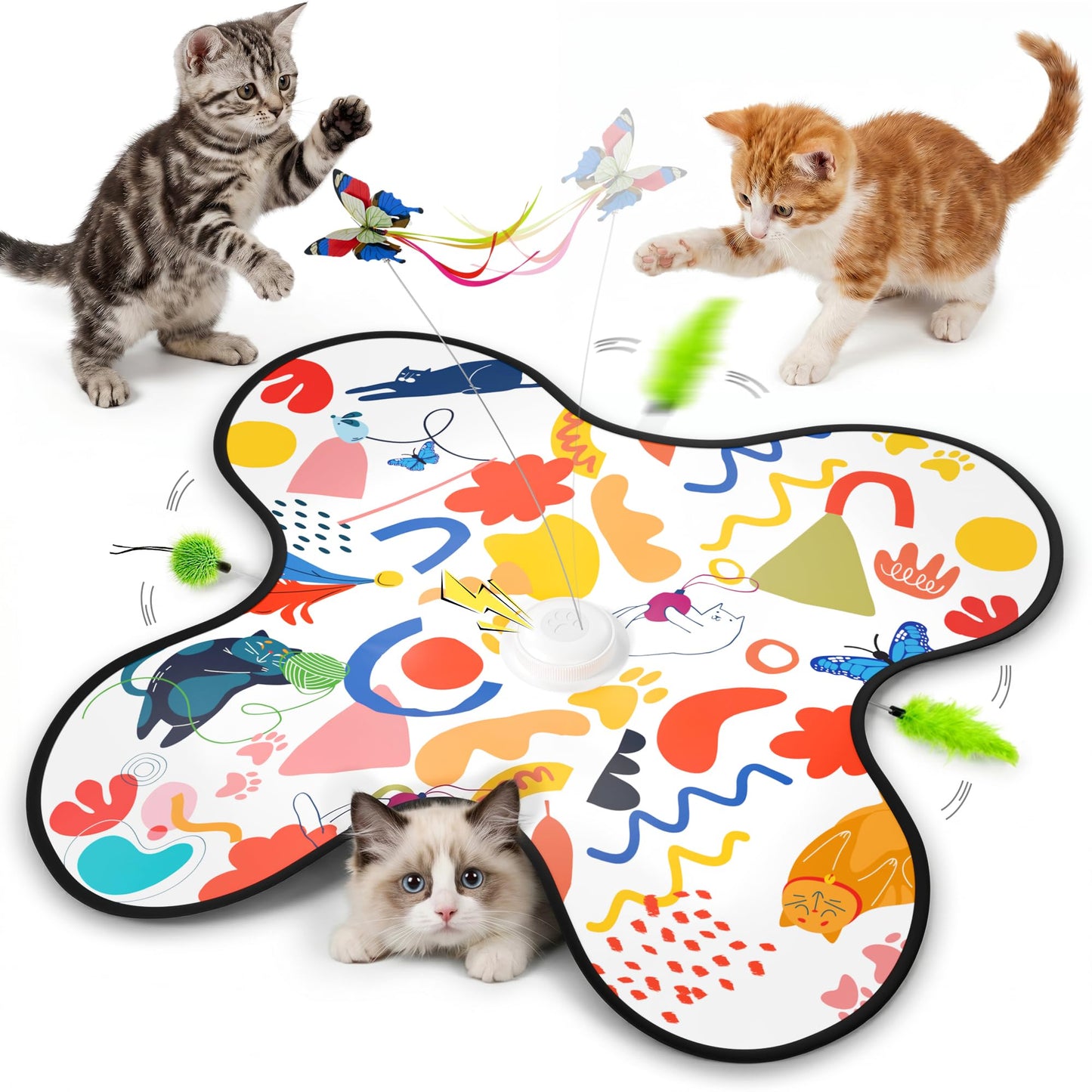 Interactive Cat Toys for Indoor Cats–Rechargeable Automatic Hide and Seek Kittens Toy with Moving Wand Feathers,Fluttering Butterfly,Real Mouse Squeaky,Motion Activated for Exercise & Bored Adult Cats