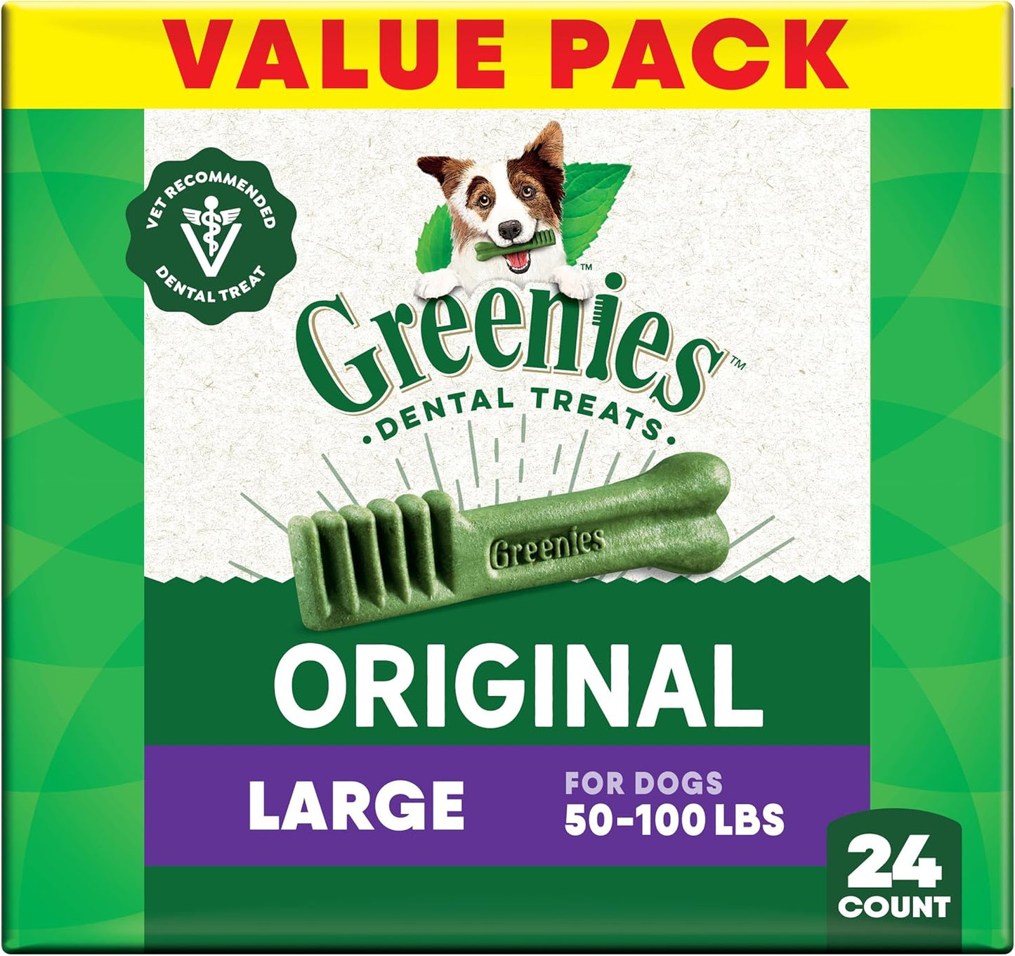 Greenies Veterinarian-Recommended Adult Natural Dental Dog Treats Large Size, Daily Treating, Helps Clean Teeth and Freshen Breath, Original Flavor, 36 oz. Pack, 24 Count