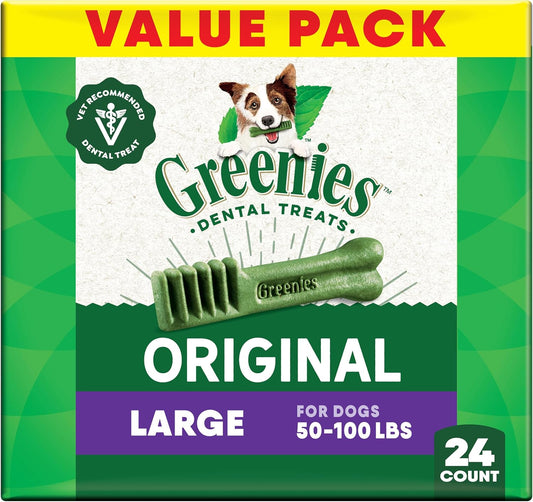 Greenies Veterinarian-Recommended Adult Natural Dental Dog Treats Large Size, Daily Treating, Helps Clean Teeth and Freshen Breath, Original Flavor, 36 oz. Pack, 24 Count