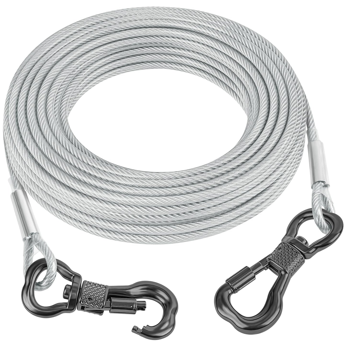 Tresbro 15FT Reflective Tie Out Cable for Dogs Up to 250 Pounds, Steel Wire Lead Leash Cable with Stainless Dual Fix Buckle, Lightweight and