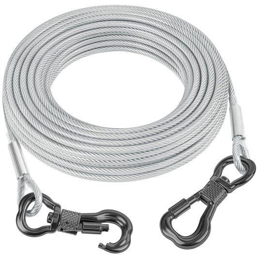 Tresbro 15FT Reflective Tie Out Cable for Dogs Up to 250 Pounds, Steel Wire Lead Leash Cable with Stainless Dual Fix Buckle, Lightweight and