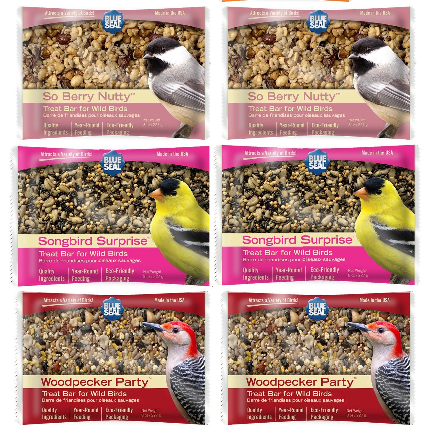 Blue Seal Suet Treat Bars for Wild Birds - No Mess Suet Feed, Food for Woodpeckers, Cardinals, Siskins, Sparrows & More - 8 oz Suet Feeder, Bird Seed Cakes (Variety Pack of 6)