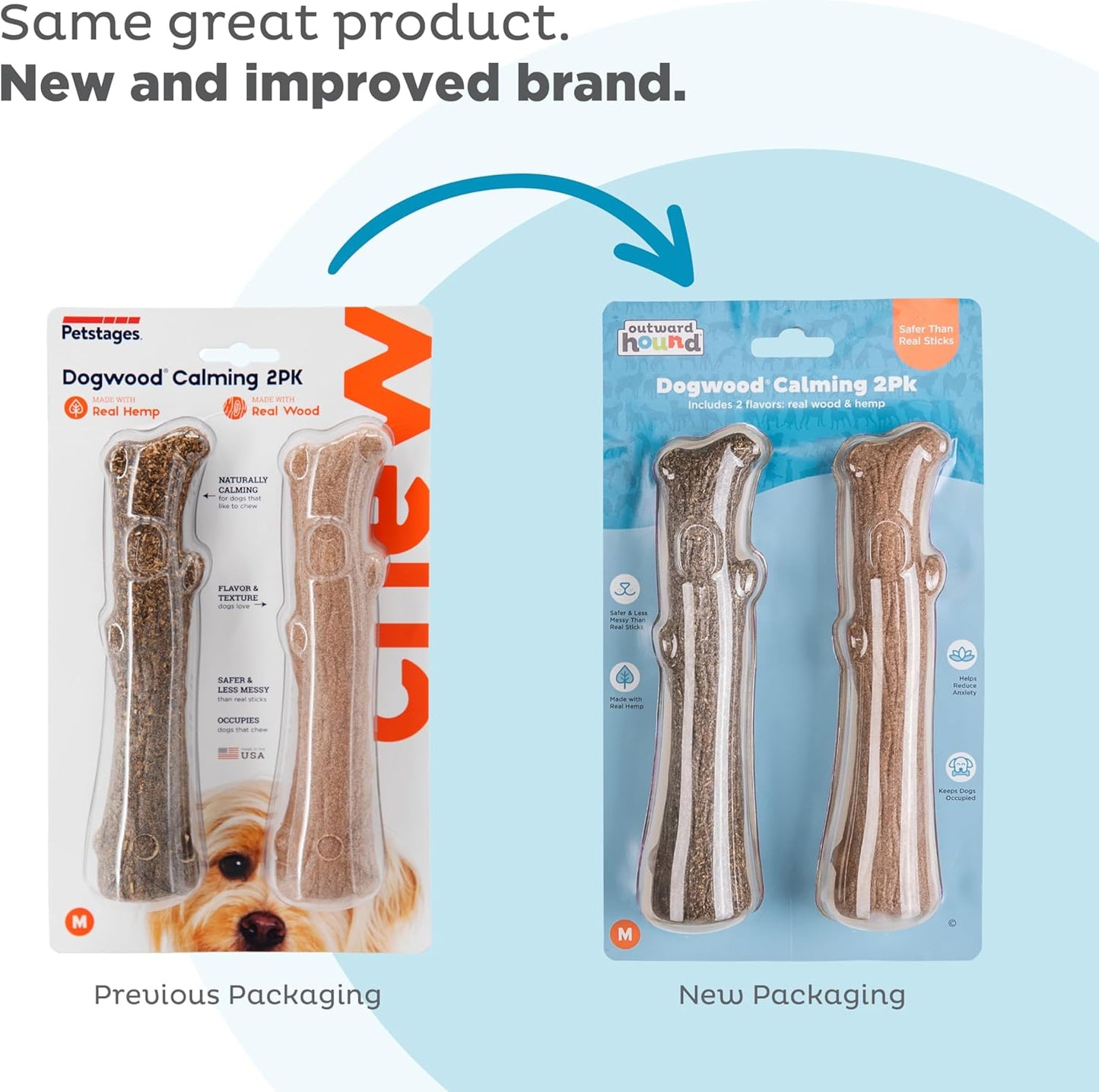 Pupstages by Petstages Dogwood Calming Dog Chew Toy – Real-Wood Blend, Moderate Chewers, Medium, 7.5", 2-Pack (Natural & Hemp Flavors)