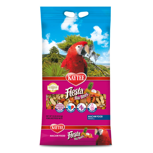 Kaytee Fiesta Big Bites Macaw Food, Nutritious and Fun Blend, Supports Skin, Feather, Digestion, Brain and Heart Health, 10 pounds
