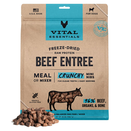 Vital Essentials Freeze Dried Dog Food, Raw Beef Crunchy Mini Nibs | Complete Meal or Topper | 96% Beef, Organs & Bone | Limited Ingredient, High