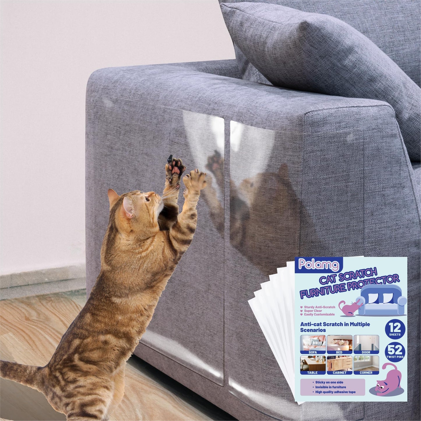 Anti-Cat Scratch Furniture Protector-12-Pack –Single-Sided, Heavy-Duty Self-Adhesive Tape, No-Residue for Couch, Doors & Walls - with 52 Twist Pins