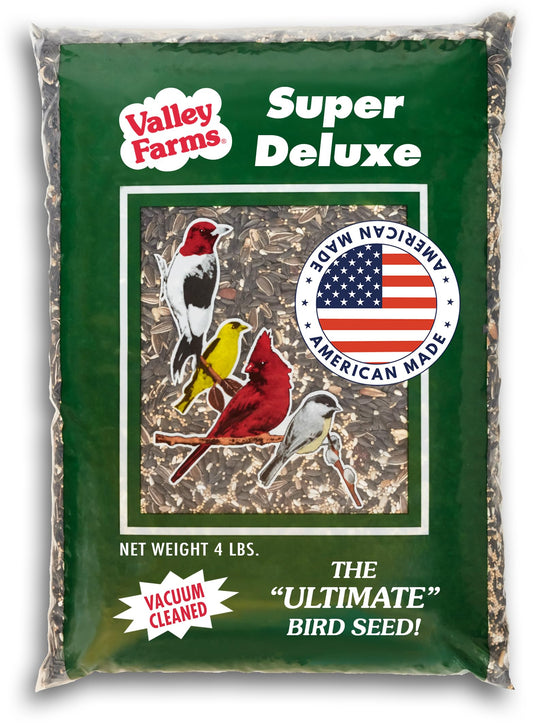 Valley Farms Super Deluxe Wild Bird Food for Outside feeders - 0% fillers - Loads of Sunflower Seed - w/Peanut kernels -Feed More Birds w/Less Seed (4 LBS)