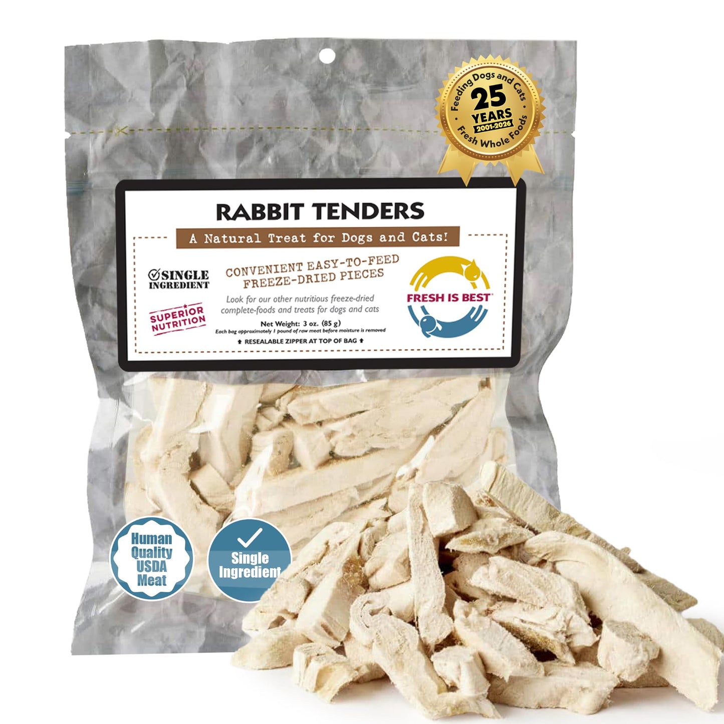 Fresh Is Best Rabbit Tenders Freeze Dried Dog Treats – Raw Freeze Dried Rabbit Dog Treats for Cats & Canines in Resealable Zipper Bag – High-Protein Single Ingredient – Made in the USA