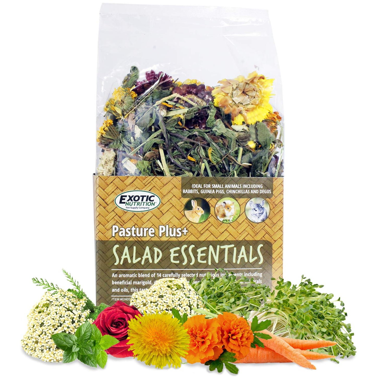 Exotic Nutrition Pasture Plus+ Salad Essentials - Healthy Natural High-Fiber Dried Flower & Herb Treat - Guinea Pigs, Rabbits, Chinchillas, Prairie Dogs, Degus, Hamsters, Gerbils & Other Small Pets
