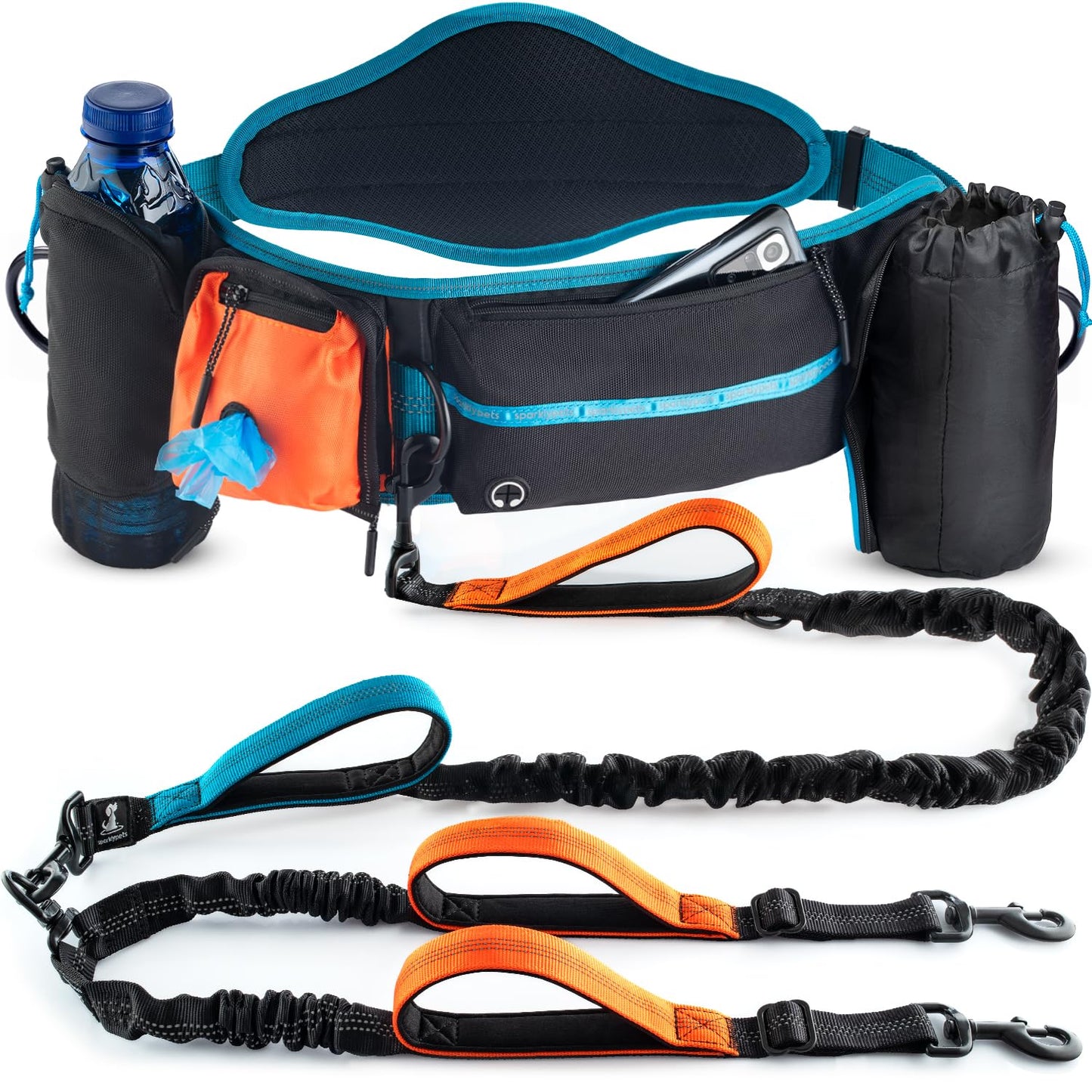 SparklyPets Double Bungee Waist 2 Dog Leash with Back Brace – Dual Dog Leash for Medium/Large Breeds – Running Belt Fanny Pack with Phone, Waste