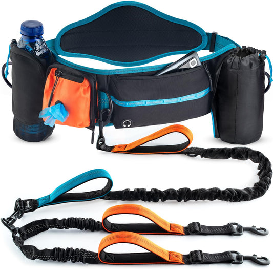 SparklyPets Double Bungee Waist 2 Dog Leash with Back Brace – Dual Dog Leash for Medium/Large Breeds – Running Belt Fanny Pack with Phone, Waste