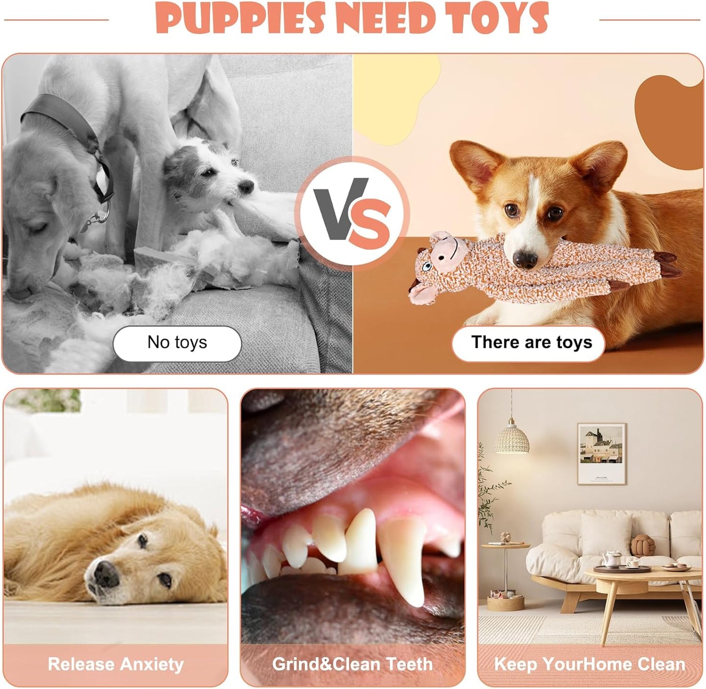 BUYPOW No Stuffing Dog Toys for Large Dogs, 5 Pack Squeaky Crinkle Interactive Dog Animals, Plush Teething Toys to Keep Them Busy, Cute Funny Dogs Gifts for Small Medium Large Breed