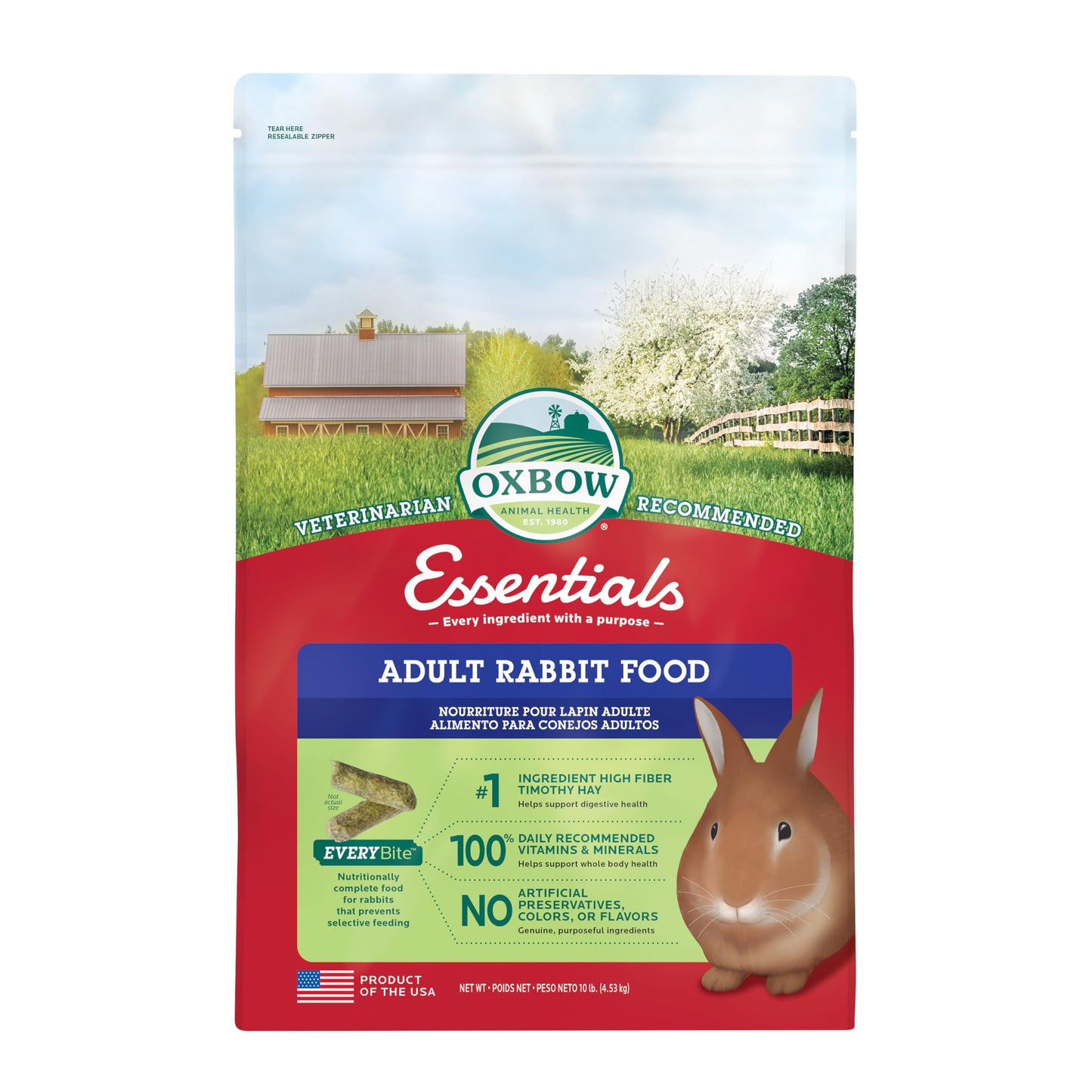 Oxbow Essentials Rabbit Food, Adult, Made with Oxbow Timothy Hay for Rabbit, Pet Pellets with Vitamins & Minerals, Small Animal Pet Products, Bunny Food, Made in USA, High Fiber, 10 lb. Bag