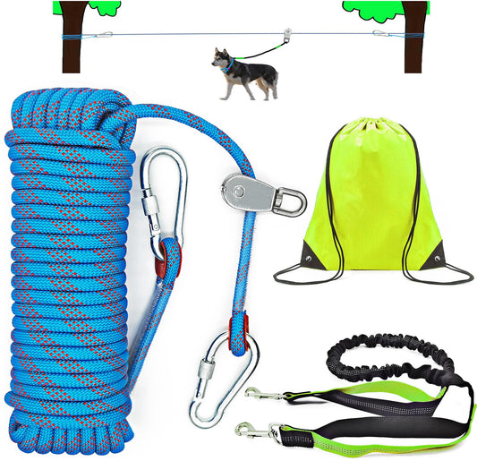 Dog Tie Out Cable for Camping, Dog Trolley System and 4ft Bungee Leash for Dogs Up to 400lbs, Suitable for Camping, Yard and Outdoor Events (Blue25