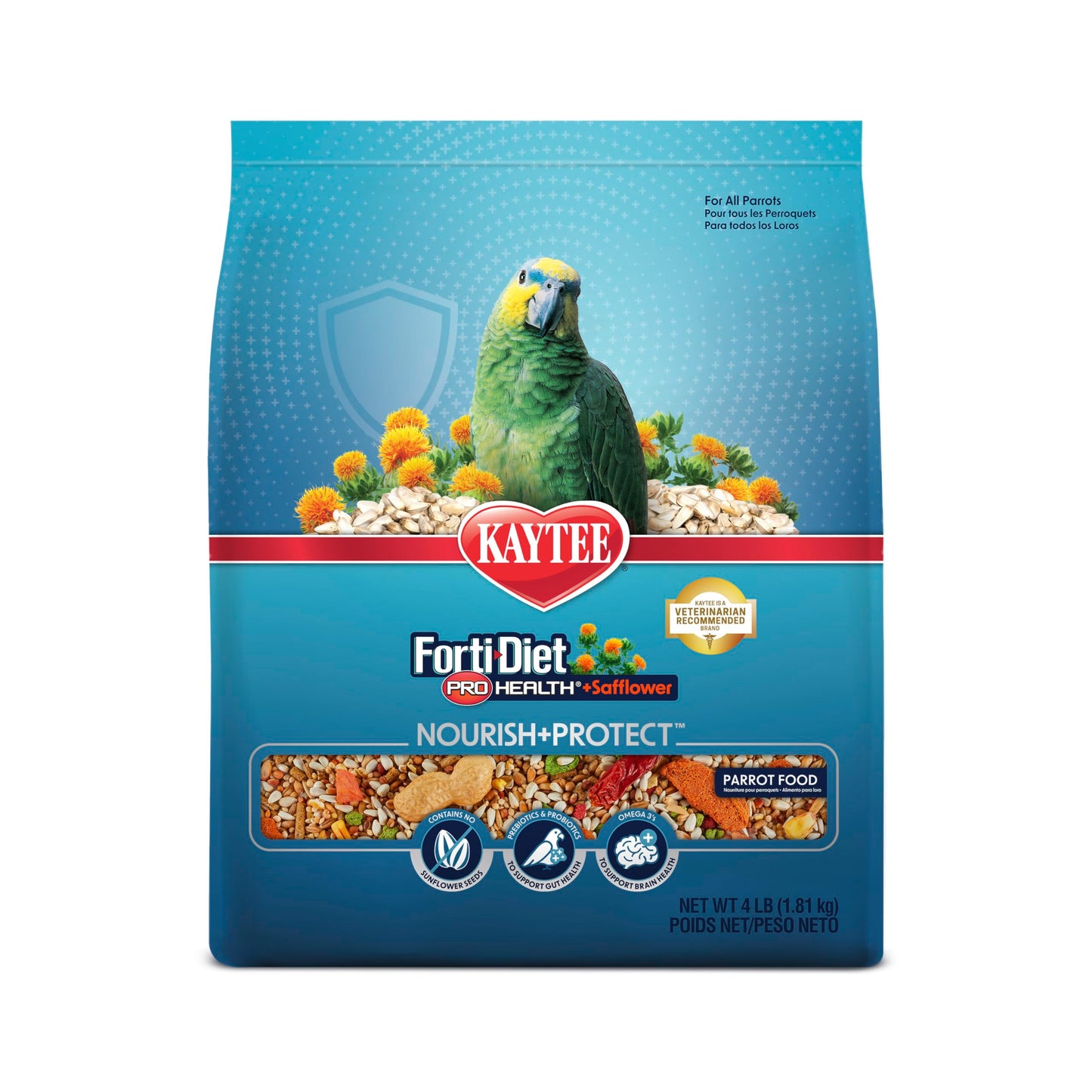 Kaytee Forti-Diet Pro Health+Safflower Nourish+Protect Parrot Food, Supports Breeding and Molting, Nutrition Backed by Science, Digestive and Brain Health, 4 pounds