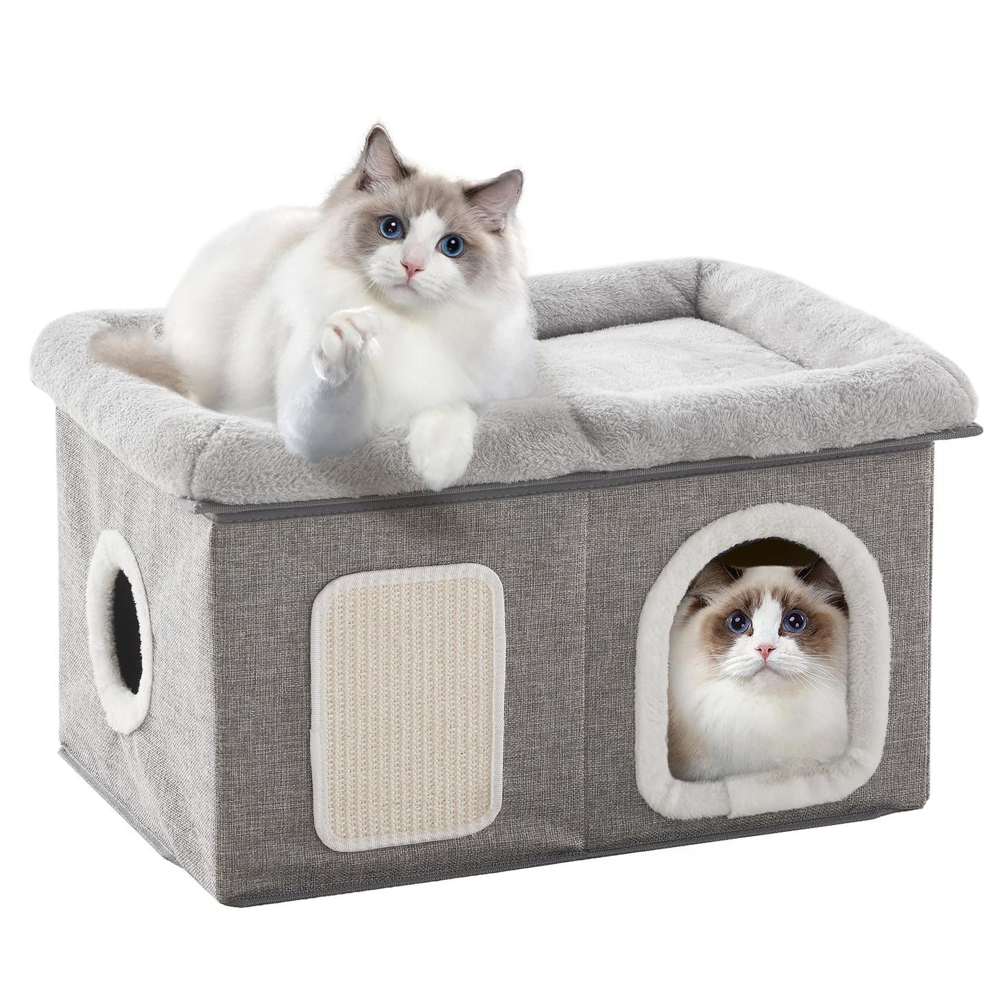 WINDRACING Cat Beds for Indoor Cats - Extra Wide Cat House for Pet and Foldable Cat Cave Bed with Scratch Pad, Cat Hideaway Condo for Kitten, 24.4x16.9x14.2 inches, Light Grey