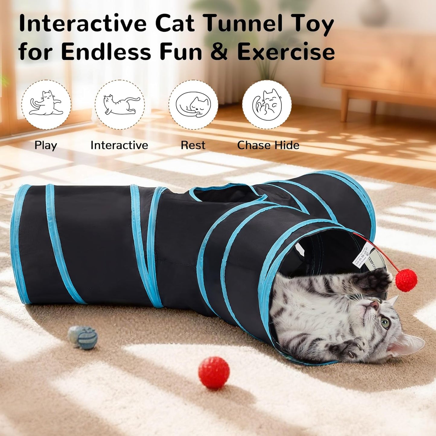 Tempcore Pet Cat Tunnel Tube Cat Toys 3 Way Collapsible, Tunnels for Indoor Cats，Kitty Bored Peek Hole Toy Ball Cat, Puppy, Kitty, Kitten, Rabbit