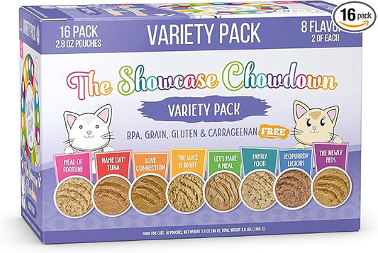 Weruva Slide N' Serve Paté Wet Cat Food, The Showcase Chowdown Variety Pack, 2.8oz Pouch, Pack of 16