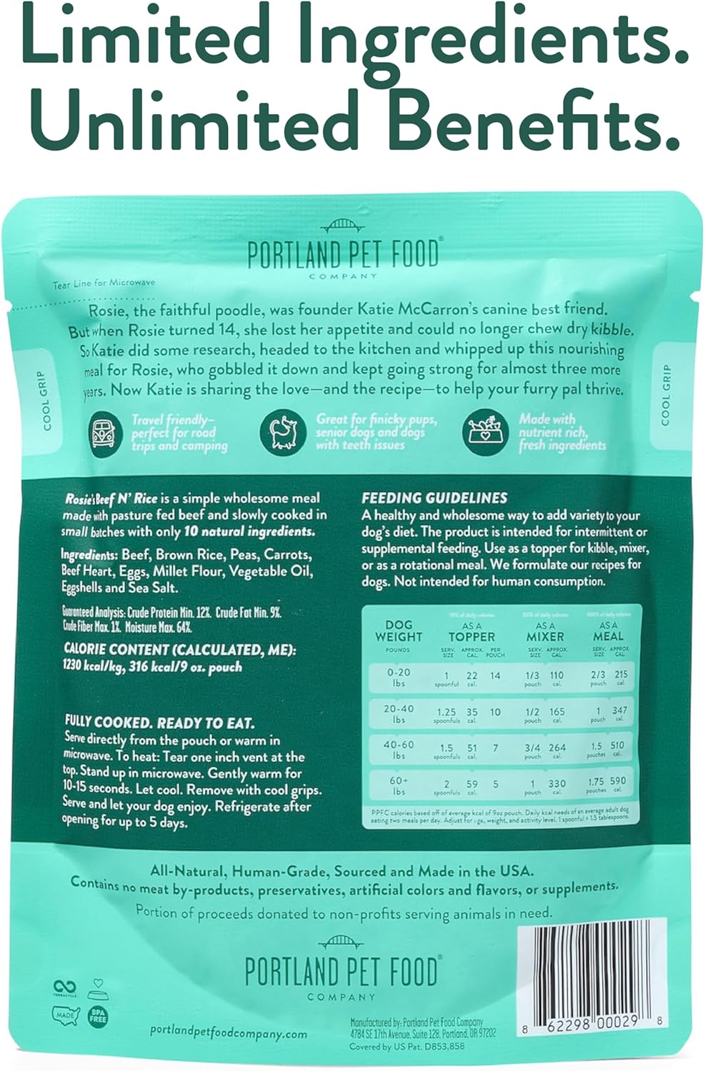 Portland Pet Food Company Fresh Dog Food Pouches - Human-Grade Toppers Wet Pet Meal & Mixers - Small & Large Breed Puppy & Senior Dogs - Gluten-Free, Limited Ingredient Rosie’s Beef N' Rice - 8 Pack